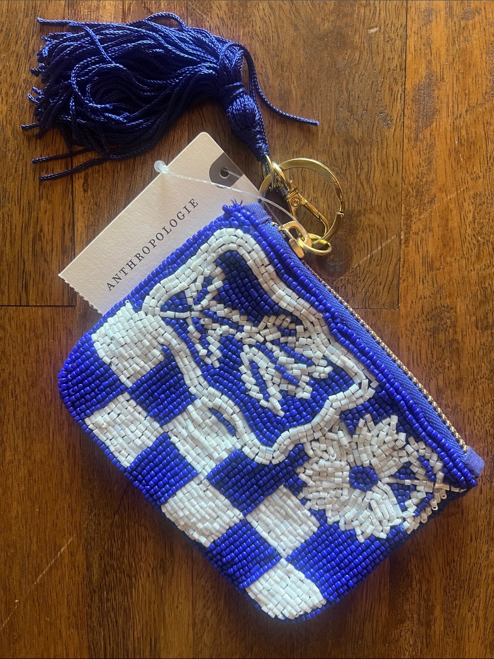 Anthropologie Royal Blue & White Beaded Key Pouch with Tassel